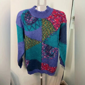 Vintage Mohair Sweater‎ Size large Hand Loomed Embroidered Abstract Design B12